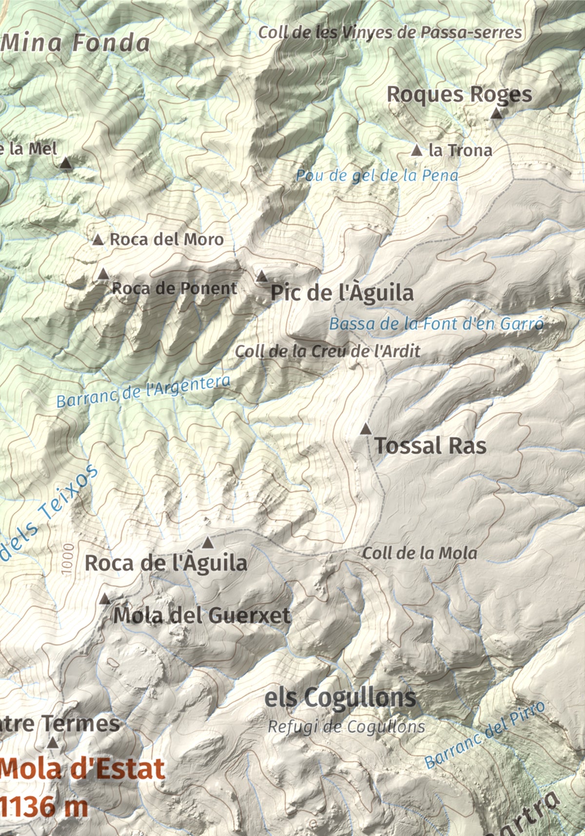 Mapa de relieve de Mola d'Estat, 1136 m, Baix Camp · Conca de Barberà, lámina 100 Cims de Trobart. Detalle de la zona superior derecha. 21 × 30 cm.