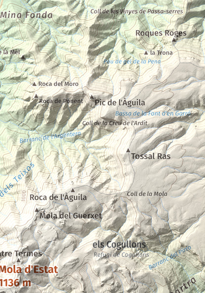 Mapa de relieve de Mola d'Estat, 1136 m, Baix Camp · Conca de Barberà, lámina 100 Cims de Trobart. Detalle de la zona superior derecha. 21 × 30 cm.