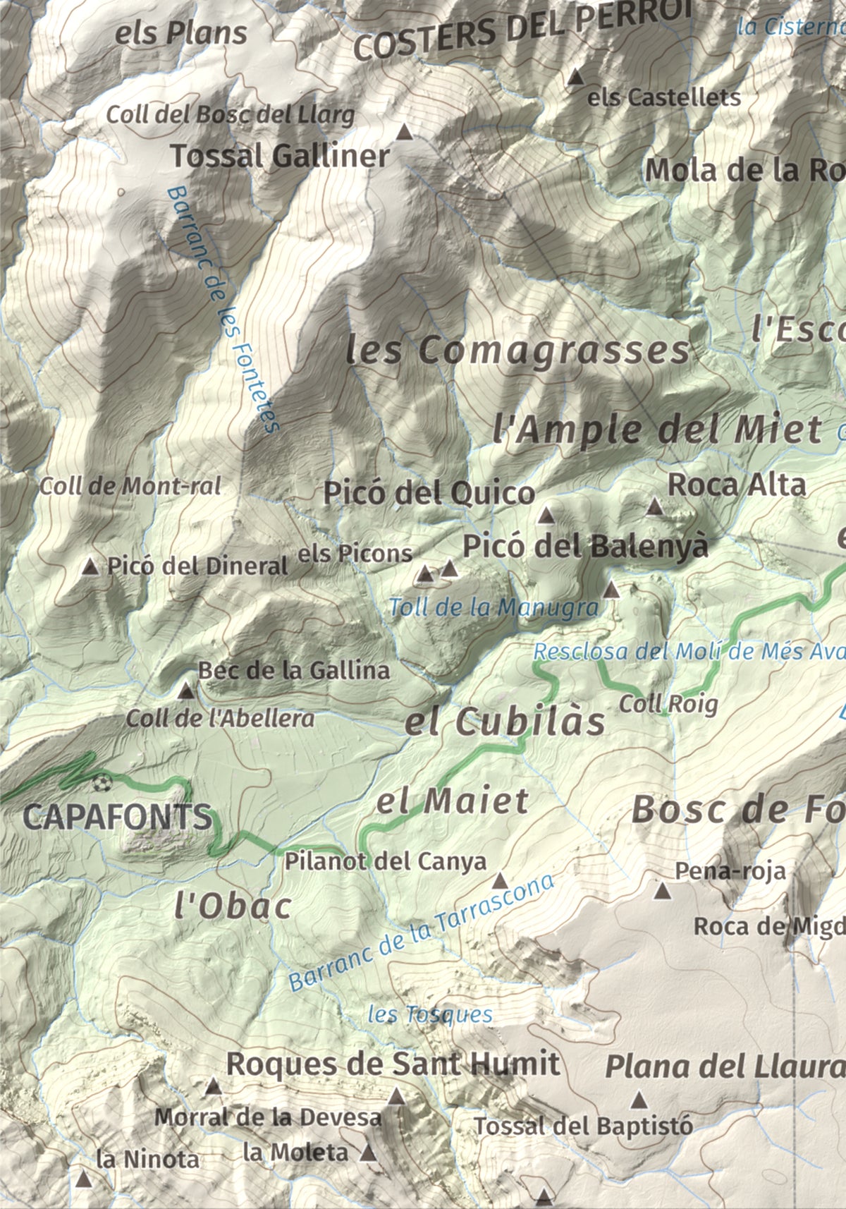 Mapa de relieve de Mola d'Estat, 1136 m, Baix Camp · Conca de Barberà, lámina 100 Cims de Trobart. Detalle de la zona inferior izquierda. 21 × 30 cm.