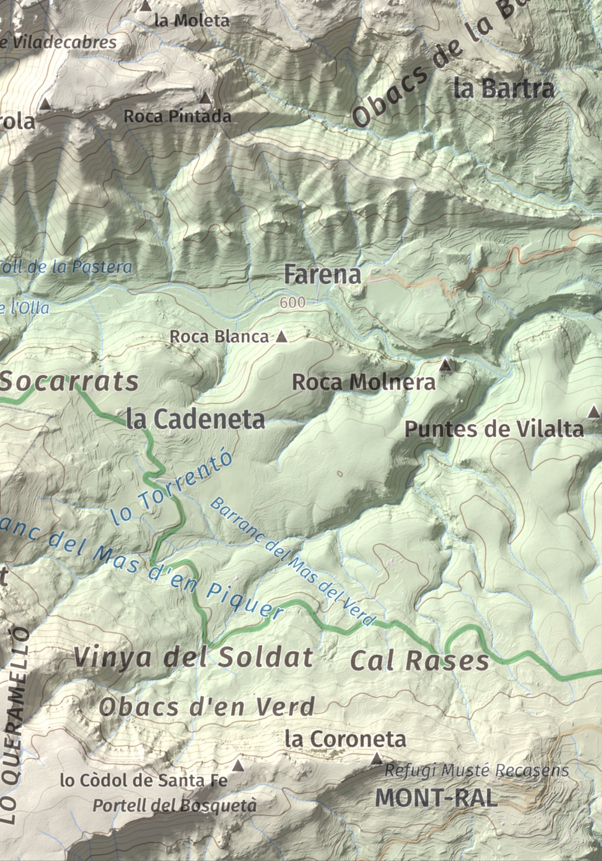 Mapa de relieve de Mola d'Estat, 1136 m, Baix Camp · Conca de Barberà, lámina 100 Cims de Trobart. Detalle de la zona inferior derecha. 21 × 30 cm.