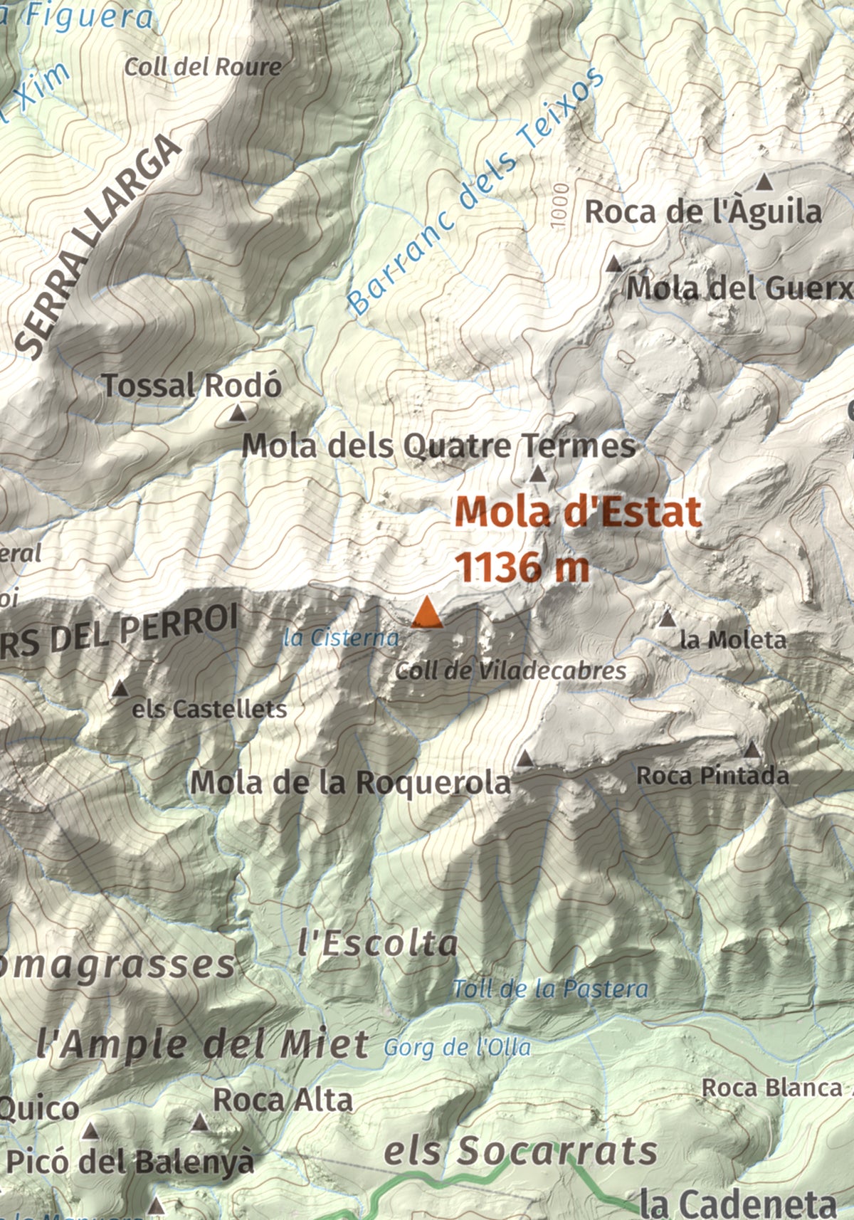 Mapa de relieve de Mola d'Estat, 1136 m, Baix Camp · Conca de Barberà, lámina 100 Cims de Trobart. Detalle de la zona central. 21 × 30 cm.