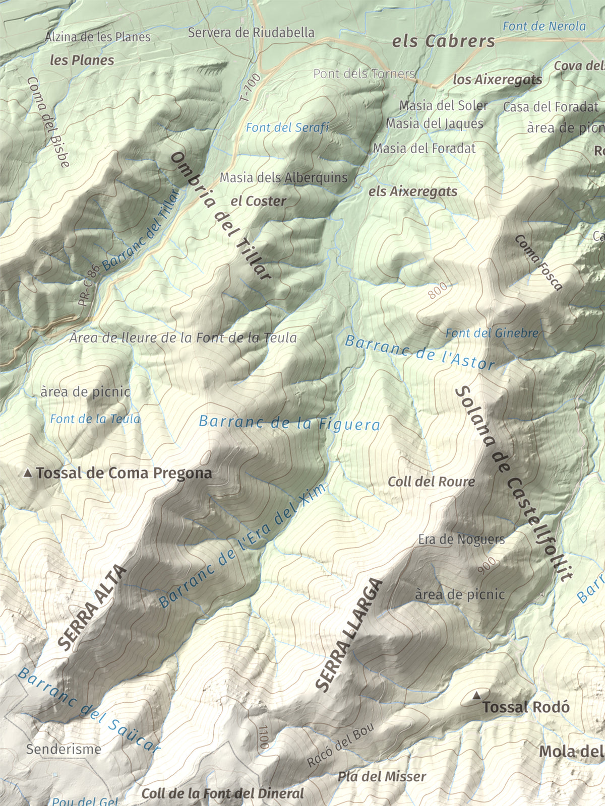 Mapa de relieve de Mola d'Estat, 1136 m, Baix Camp · Conca de Barberà, lámina 100 Cims de Trobart. Detalle de la zona superior izquierda. 30 × 40 cm.