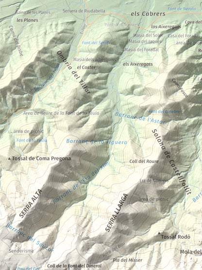 Mapa de relieve de Mola d'Estat, 1136 m, Baix Camp · Conca de Barberà, lámina 100 Cims de Trobart. Detalle de la zona superior izquierda. 30 × 40 cm.