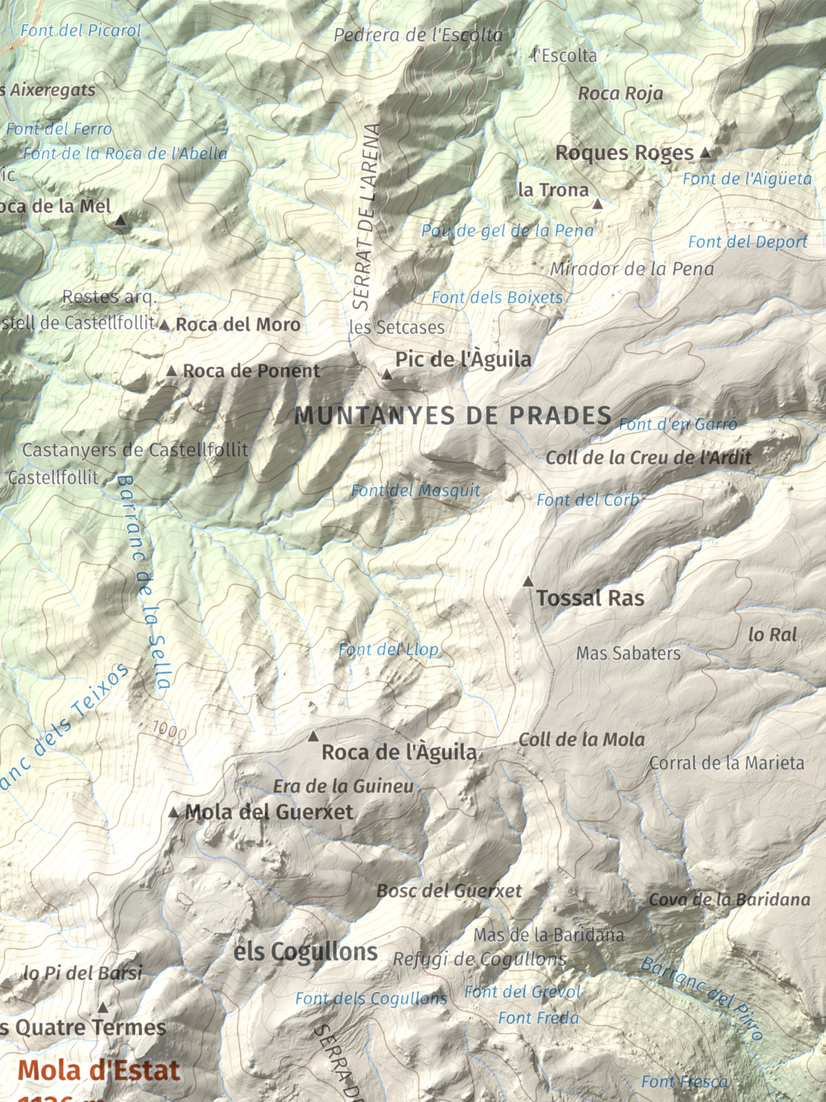 Mapa de relieve de Mola d'Estat, 1136 m, Baix Camp · Conca de Barberà, lámina 100 Cims de Trobart. Detalle de la zona superior derecha. 30 × 40 cm.