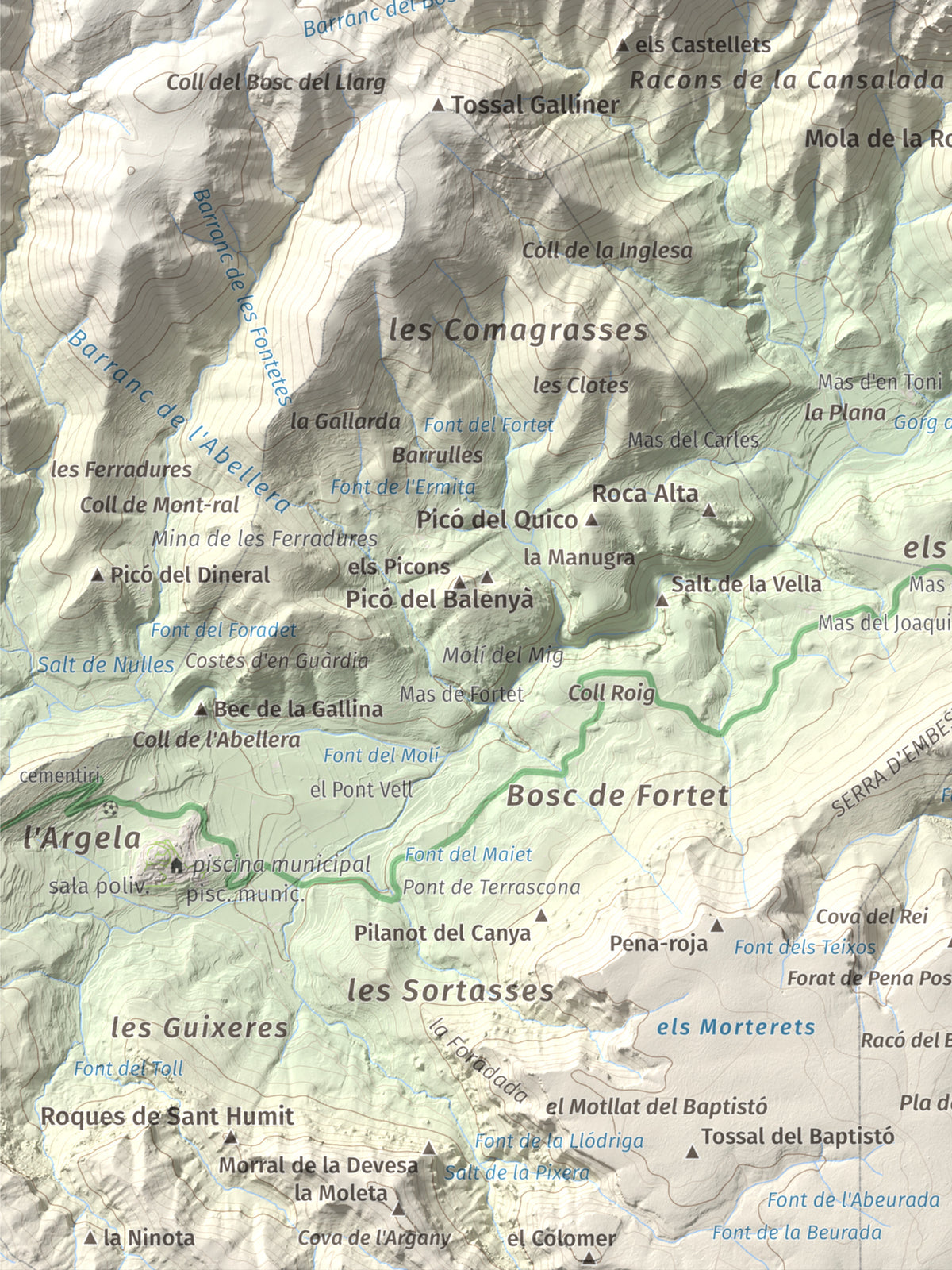 Mapa de relieve de Mola d'Estat, 1136 m, Baix Camp · Conca de Barberà, lámina 100 Cims de Trobart. Detalle de la zona inferior izquierda. 30 × 40 cm.