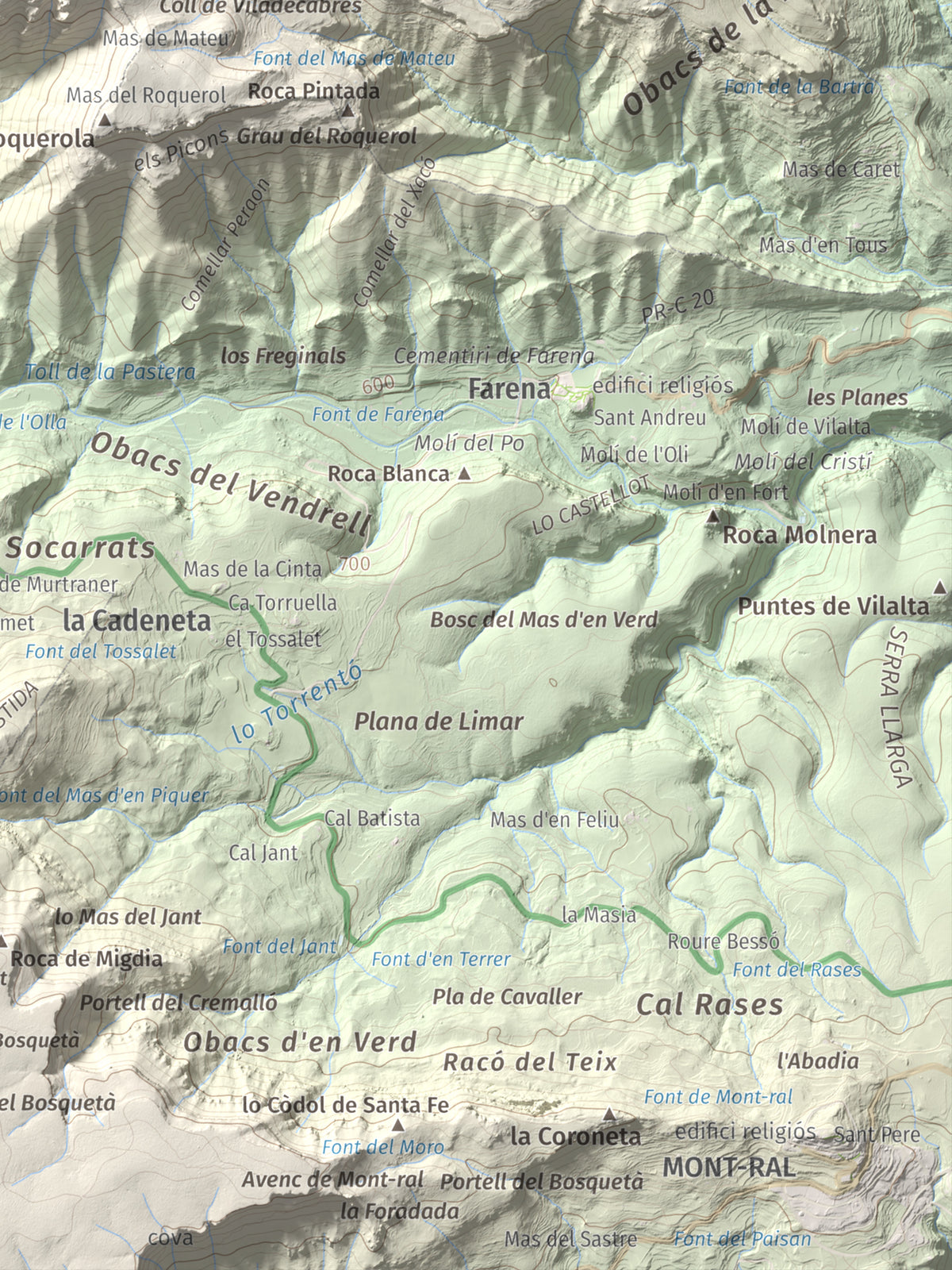 Mapa de relieve de Mola d'Estat, 1136 m, Baix Camp · Conca de Barberà, lámina 100 Cims de Trobart. Detalle de la zona inferior derecha. 30 × 40 cm.