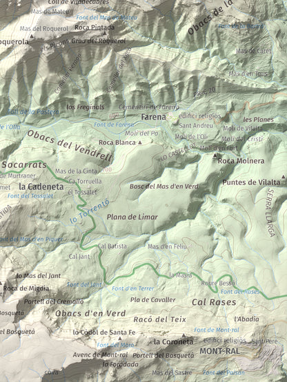 Mapa de relieve de Mola d'Estat, 1136 m, Baix Camp · Conca de Barberà, lámina 100 Cims de Trobart. Detalle de la zona inferior derecha. 30 × 40 cm.