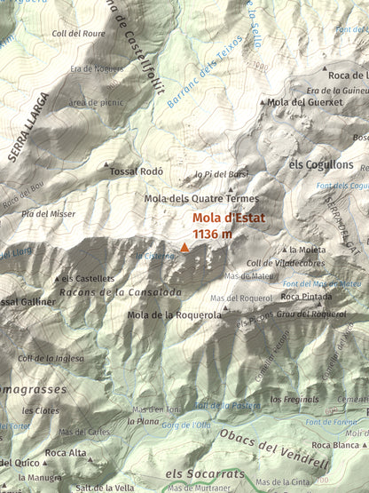 Mapa de relieve de Mola d'Estat, 1136 m, Baix Camp · Conca de Barberà, lámina 100 Cims de Trobart. Detalle de la zona central. 30 × 40 cm.
