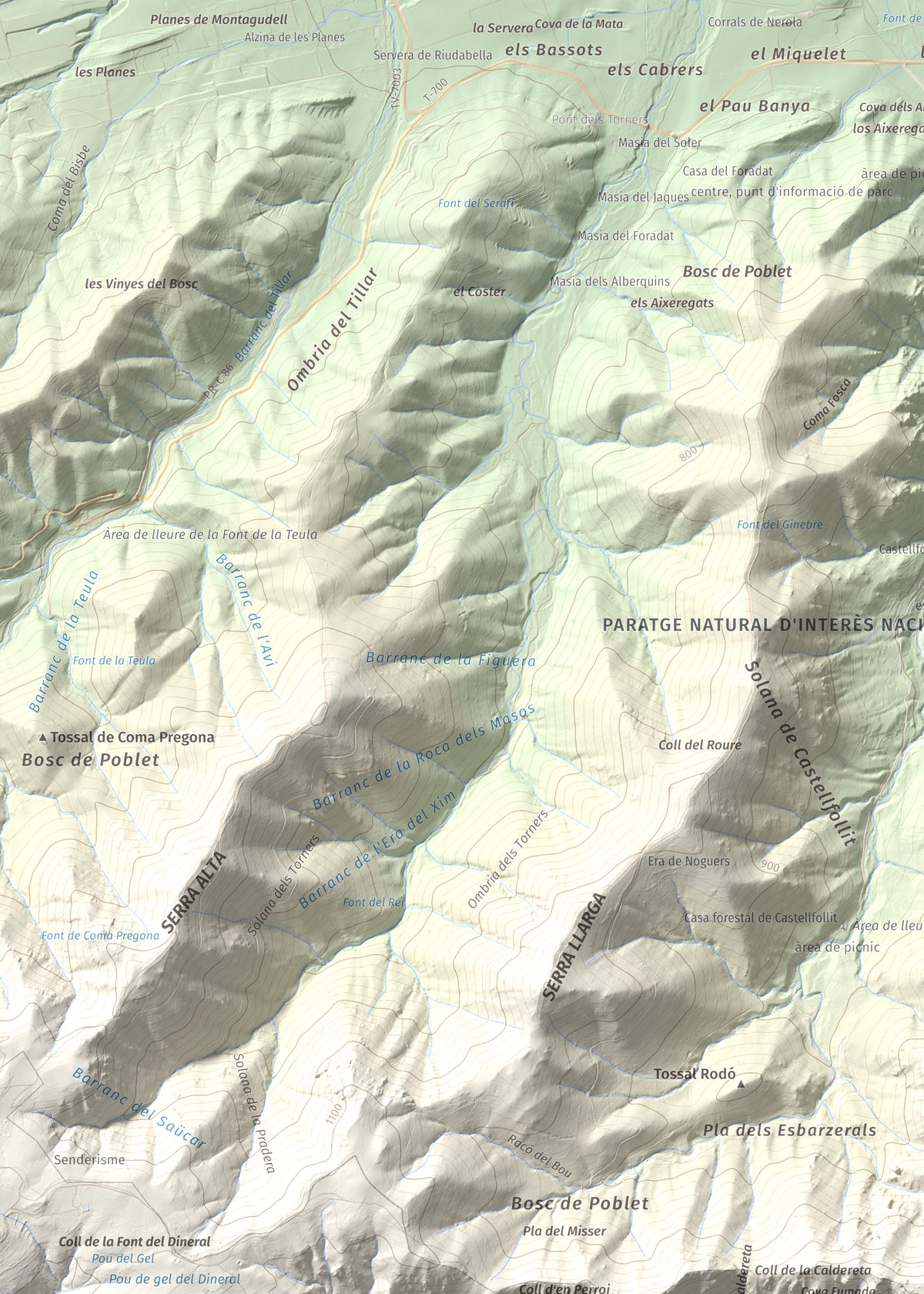 Mapa de relieve de Mola d'Estat, 1136 m, Baix Camp · Conca de Barberà, lámina 100 Cims de Trobart. Detalle de la zona superior izquierda. 50 × 70 cm.