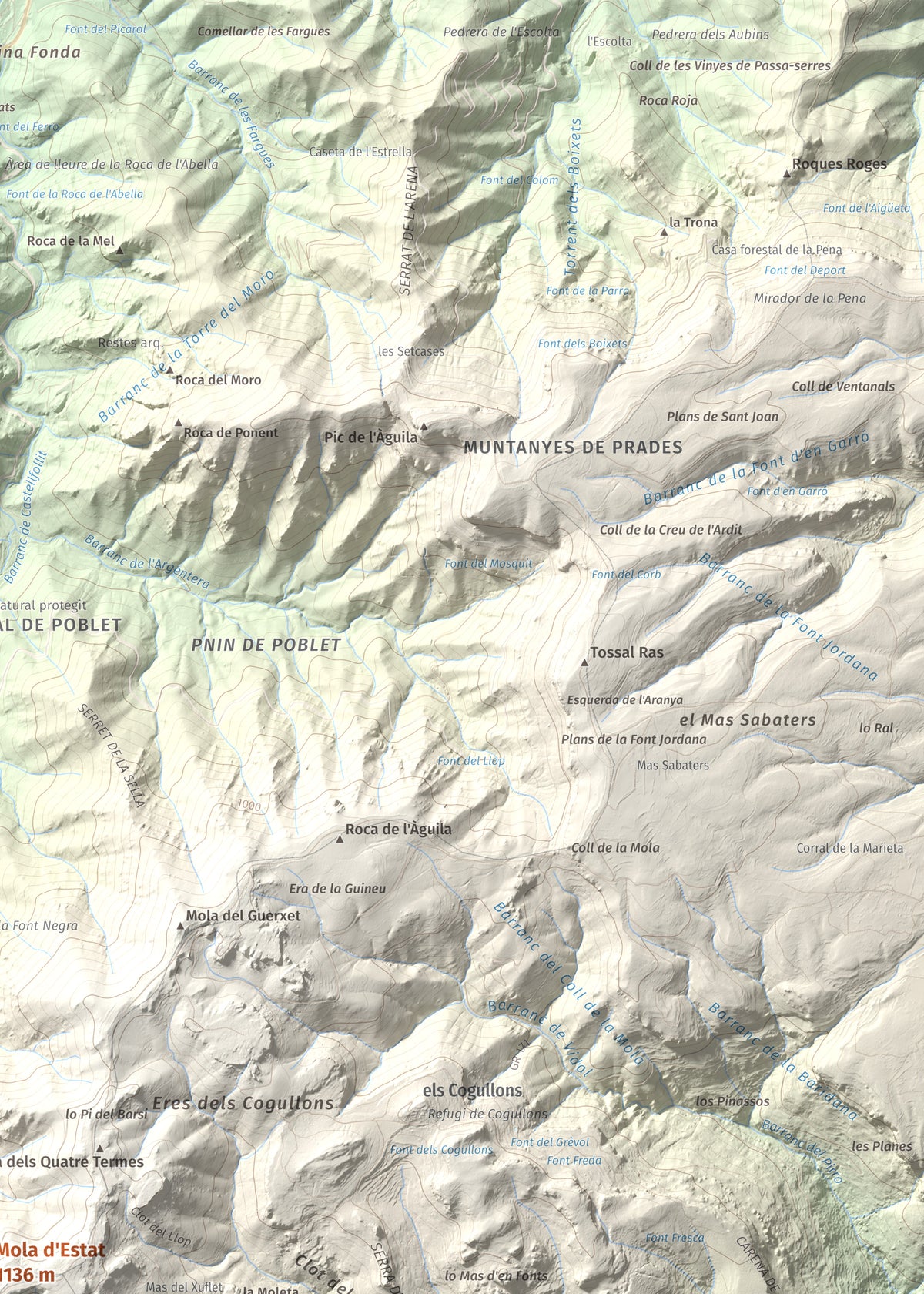 Mapa de relieve de Mola d'Estat, 1136 m, Baix Camp · Conca de Barberà, lámina 100 Cims de Trobart. Detalle de la zona superior derecha. 50 × 70 cm.