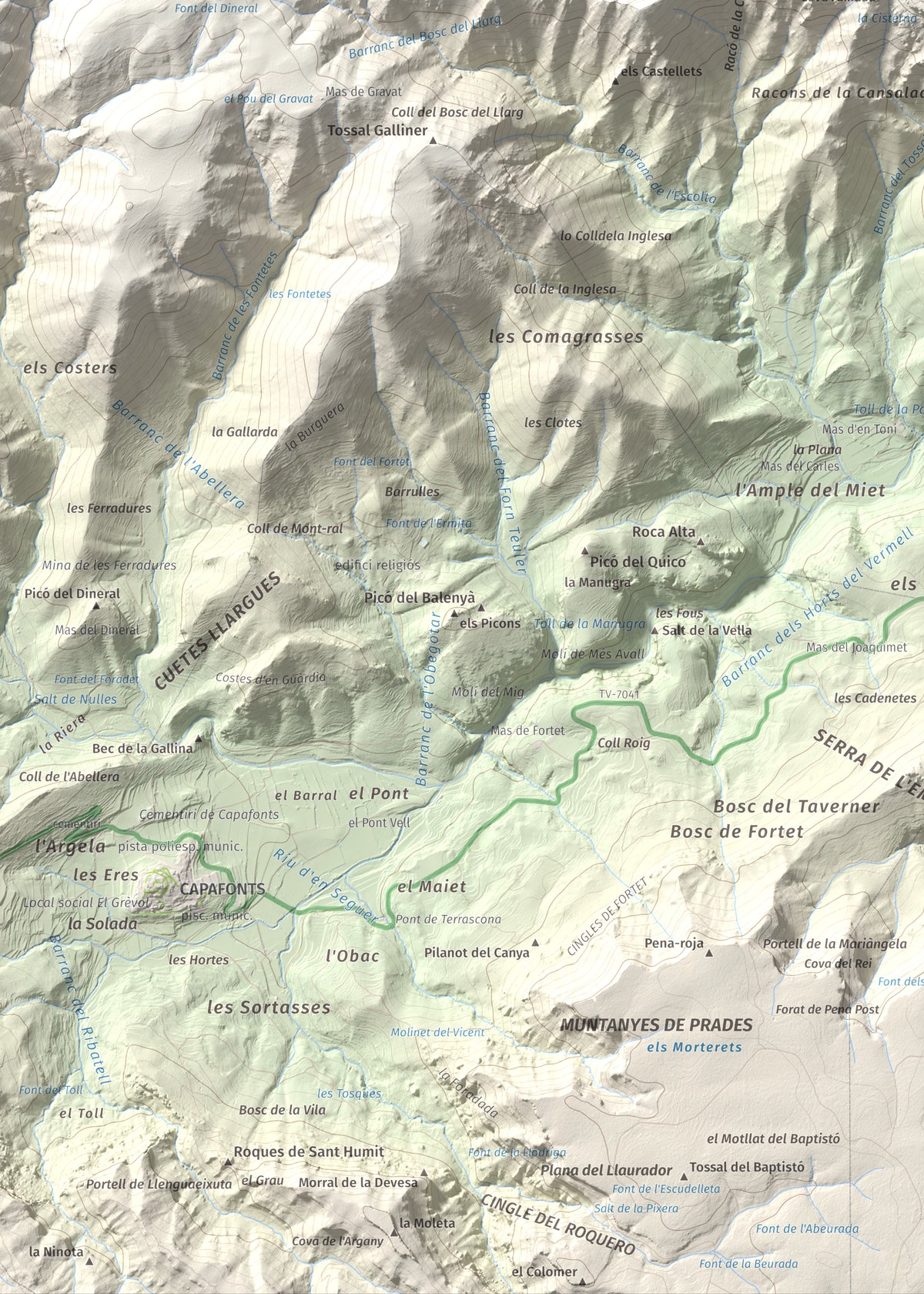 Mapa de relieve de Mola d'Estat, 1136 m, Baix Camp · Conca de Barberà, lámina 100 Cims de Trobart. Detalle de la zona inferior izquierda. 50 × 70 cm.