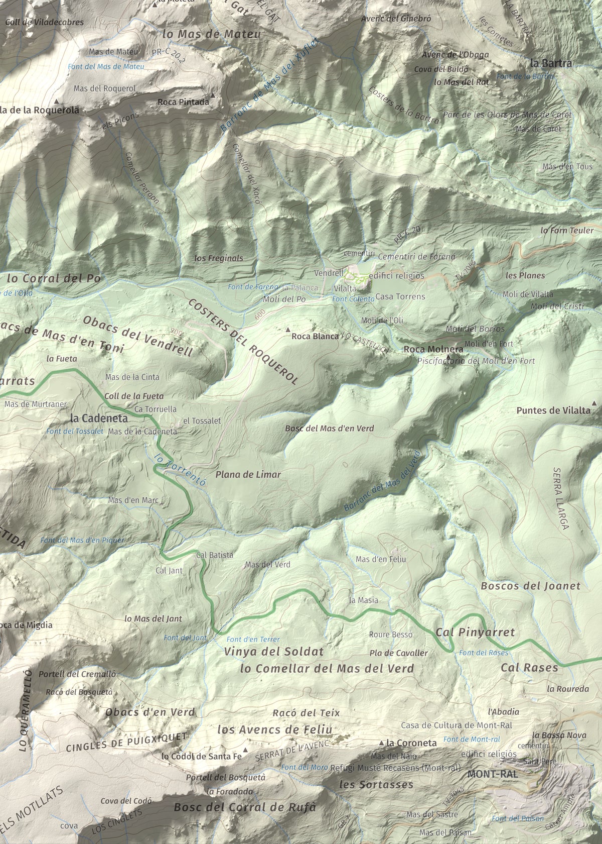 Mapa de relieve de Mola d'Estat, 1136 m, Baix Camp · Conca de Barberà, lámina 100 Cims de Trobart. Detalle de la zona inferior derecha. 50 × 70 cm.
