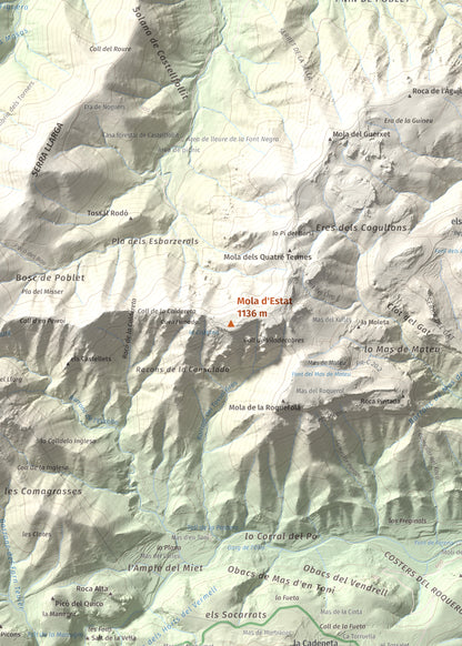 Mapa de relieve de Mola d'Estat, 1136 m, Baix Camp · Conca de Barberà, lámina 100 Cims de Trobart. Detalle de la zona central. 50 × 70 cm.