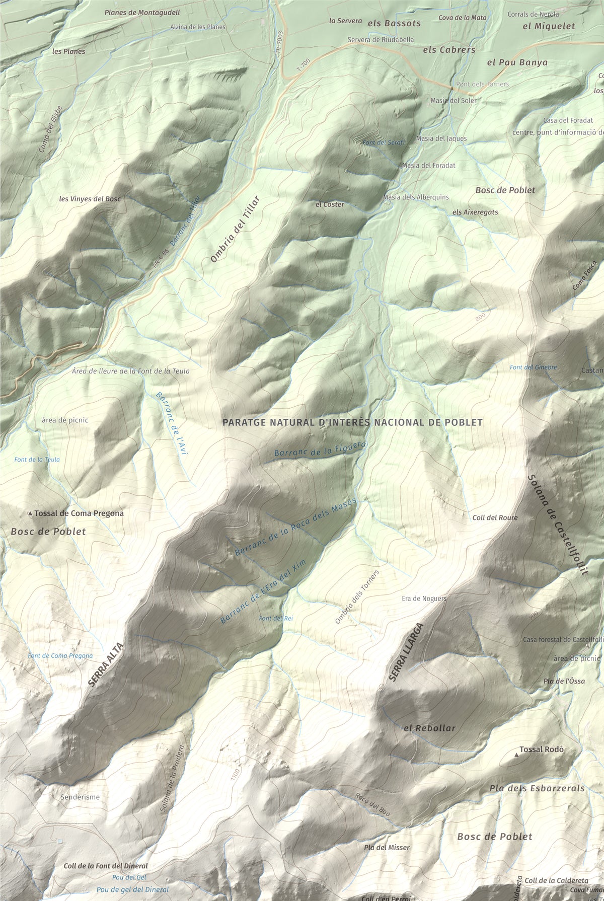 Mapa de relieve de Mola d'Estat, 1136 m, Baix Camp · Conca de Barberà, lámina 100 Cims de Trobart. Detalle de la zona superior izquierda. 61 × 91 cm.