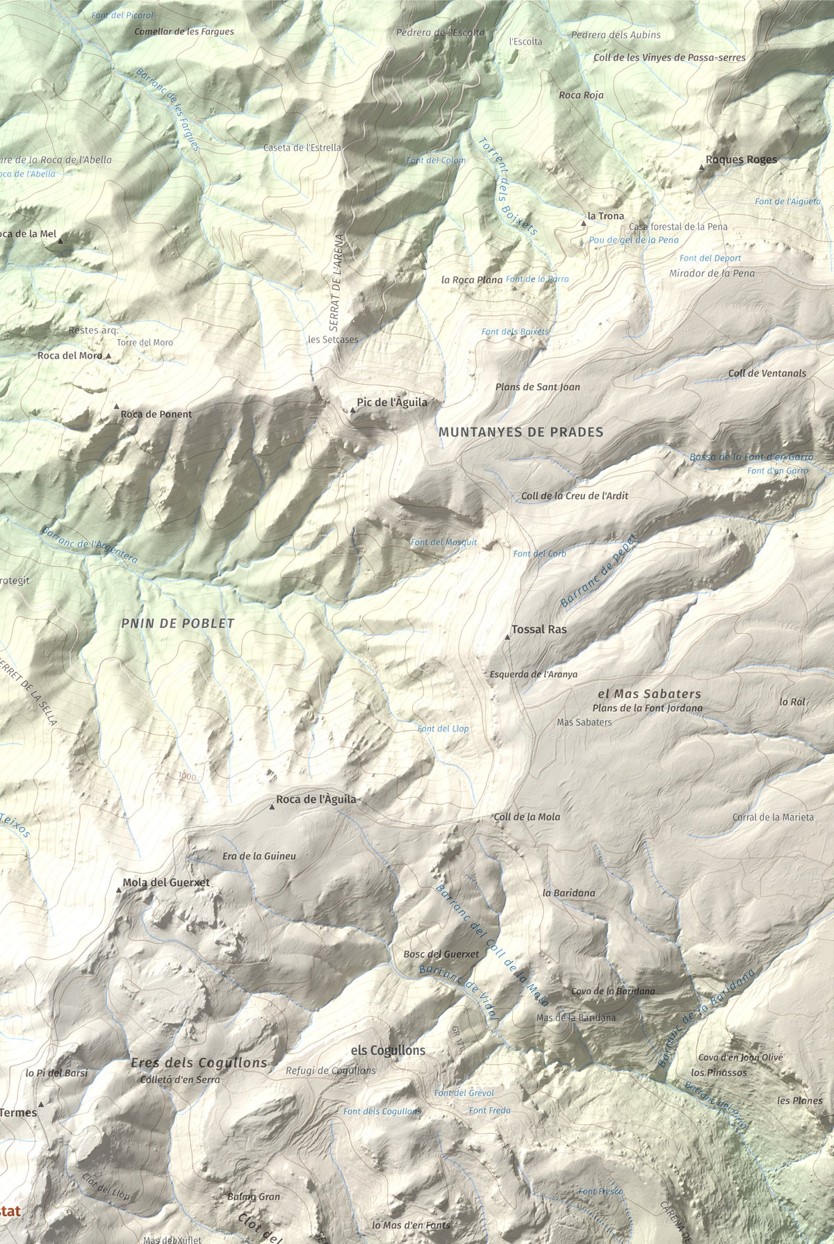 Mapa de relieve de Mola d'Estat, 1136 m, Baix Camp · Conca de Barberà, lámina 100 Cims de Trobart. Detalle de la zona superior derecha. 61 × 91 cm.