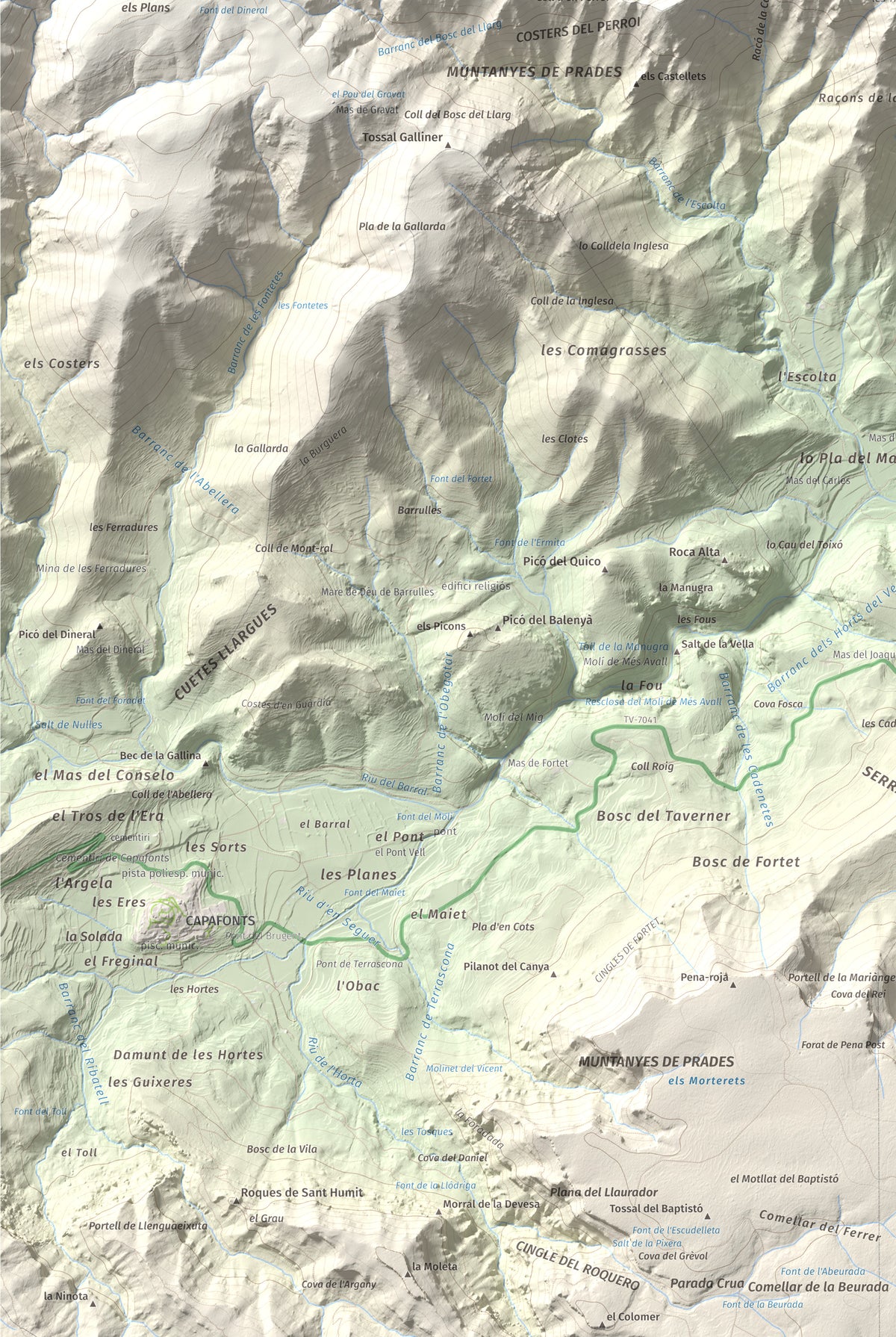 Mapa de relieve de Mola d'Estat, 1136 m, Baix Camp · Conca de Barberà, lámina 100 Cims de Trobart. Detalle de la zona inferior izquierda. 61 × 91 cm.