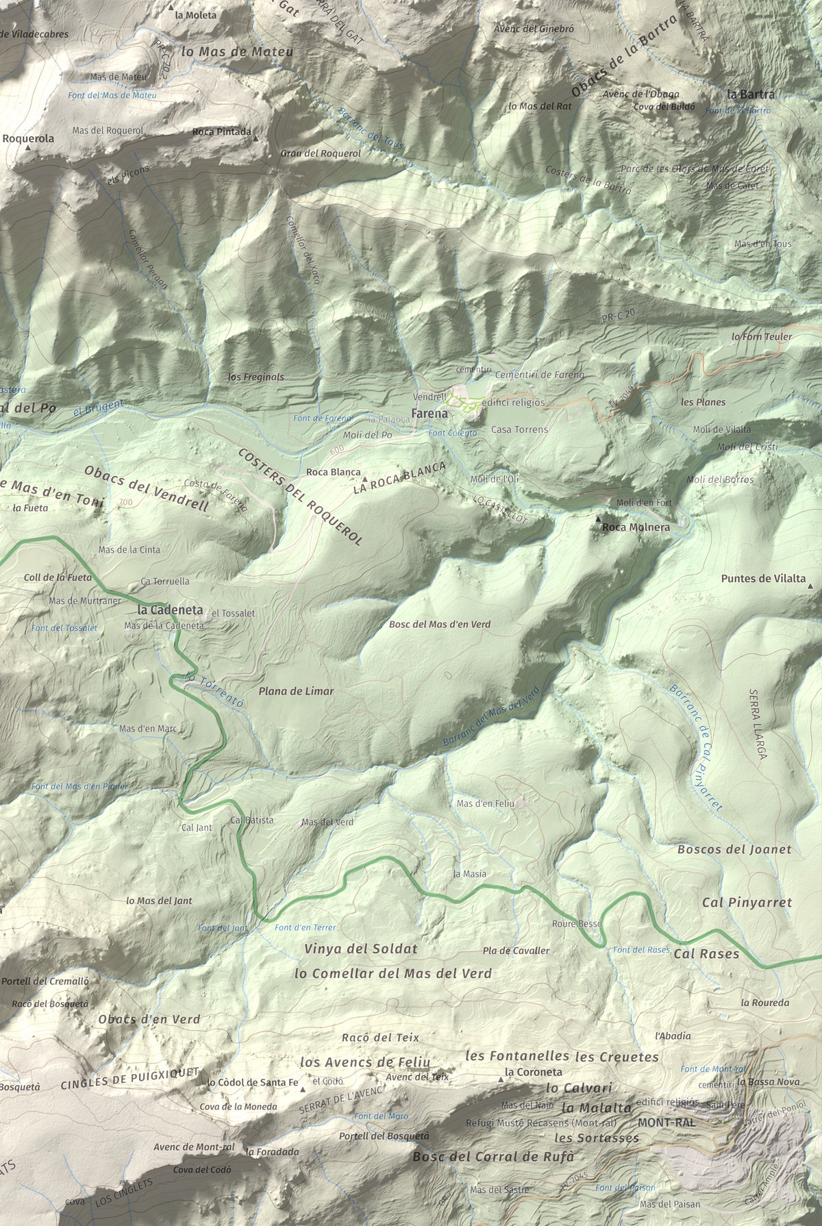 Mapa de relieve de Mola d'Estat, 1136 m, Baix Camp · Conca de Barberà, lámina 100 Cims de Trobart. Detalle de la zona inferior derecha. 61 × 91 cm.