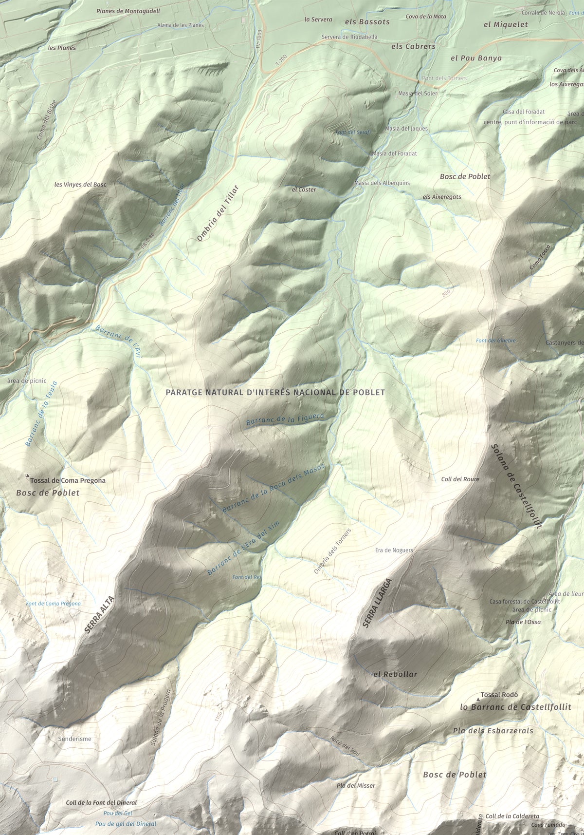 Mapa de relieve de Mola d'Estat, 1136 m, Baix Camp · Conca de Barberà, lámina 100 Cims de Trobart. Detalle de la zona superior izquierda. 70 × 100 cm.