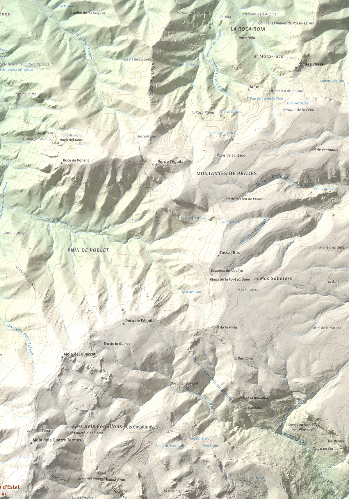 Mapa de relieve de Mola d'Estat, 1136 m, Baix Camp · Conca de Barberà, lámina 100 Cims de Trobart. Detalle de la zona superior derecha. 70 × 100 cm.