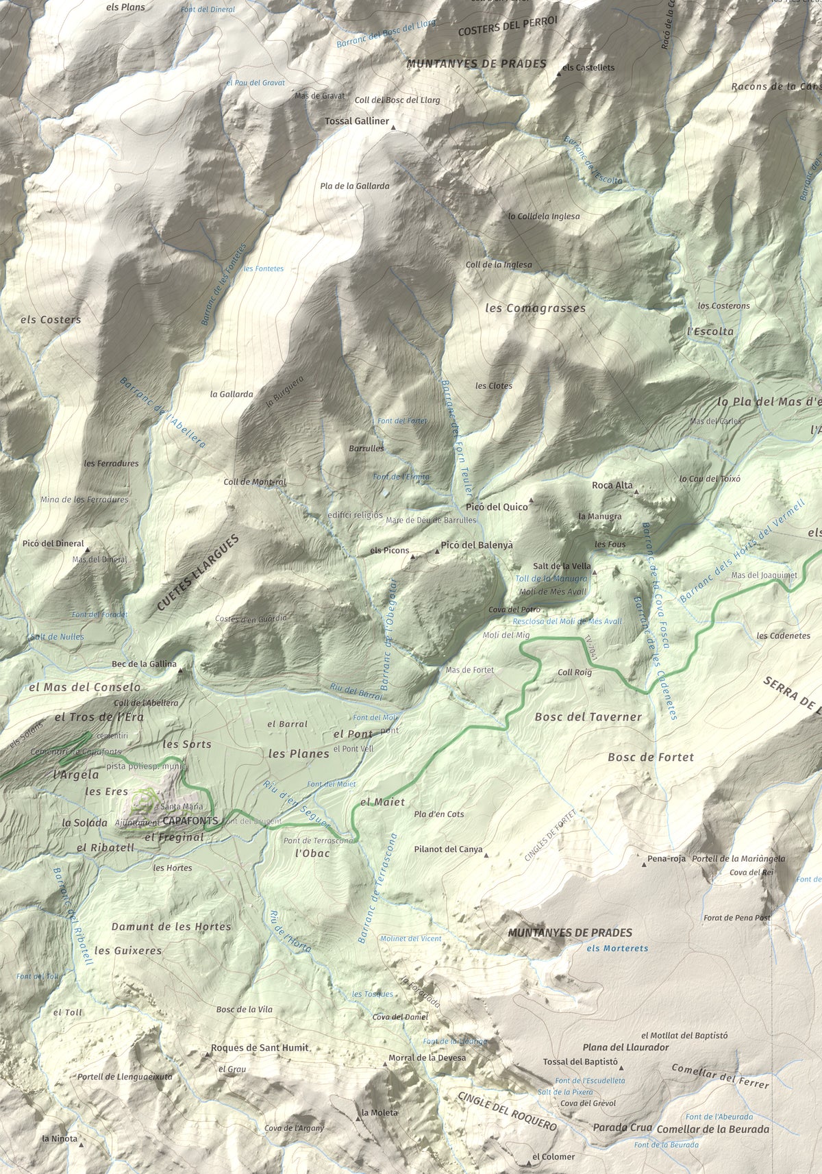 Mapa de relieve de Mola d'Estat, 1136 m, Baix Camp · Conca de Barberà, lámina 100 Cims de Trobart. Detalle de la zona inferior izquierda. 70 × 100 cm.