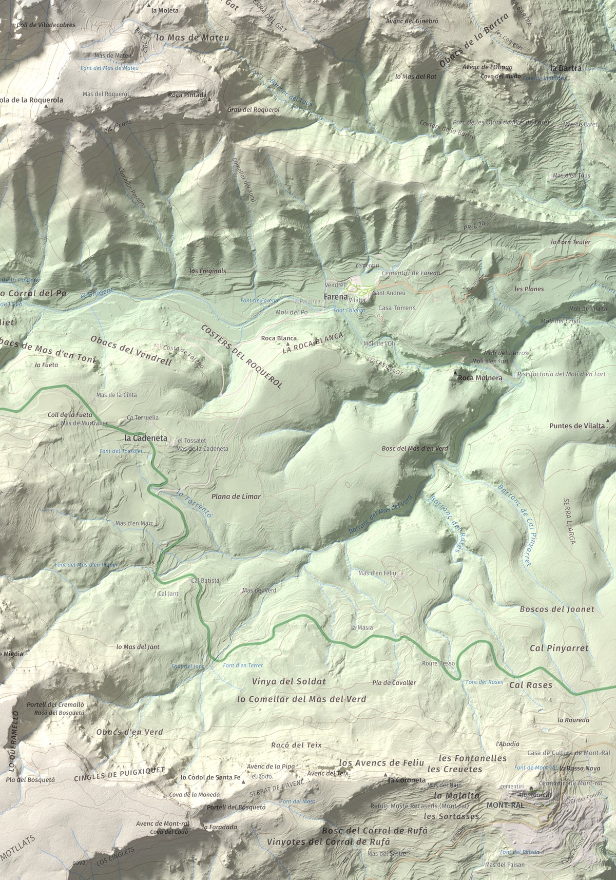 Mapa de relieve de Mola d'Estat, 1136 m, Baix Camp · Conca de Barberà, lámina 100 Cims de Trobart. Detalle de la zona inferior derecha. 70 × 100 cm.