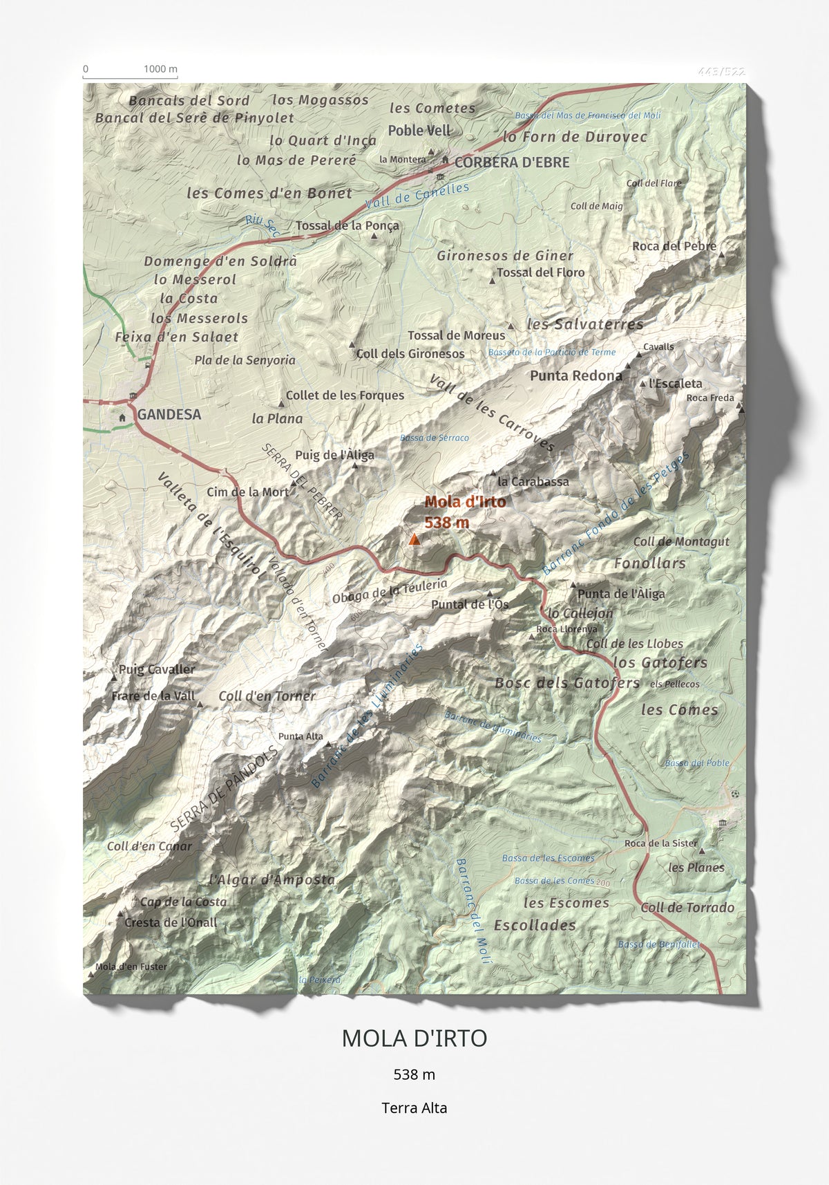 Mapa topográfico del relieve: Mola d'Irto, 538 m. Lámina completa. 21 × 30 cm.