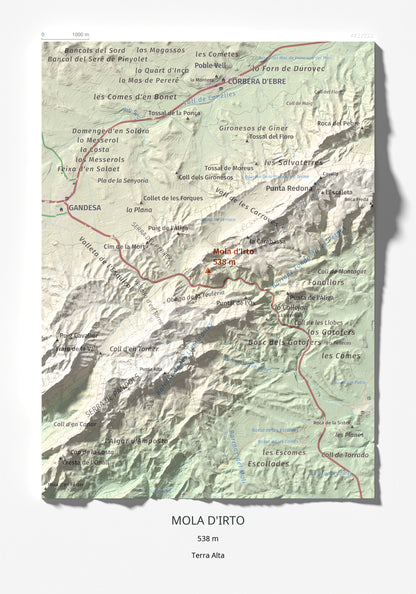 Mapa topográfico del relieve: Mola d'Irto, 538 m. Lámina completa. 21 × 30 cm.