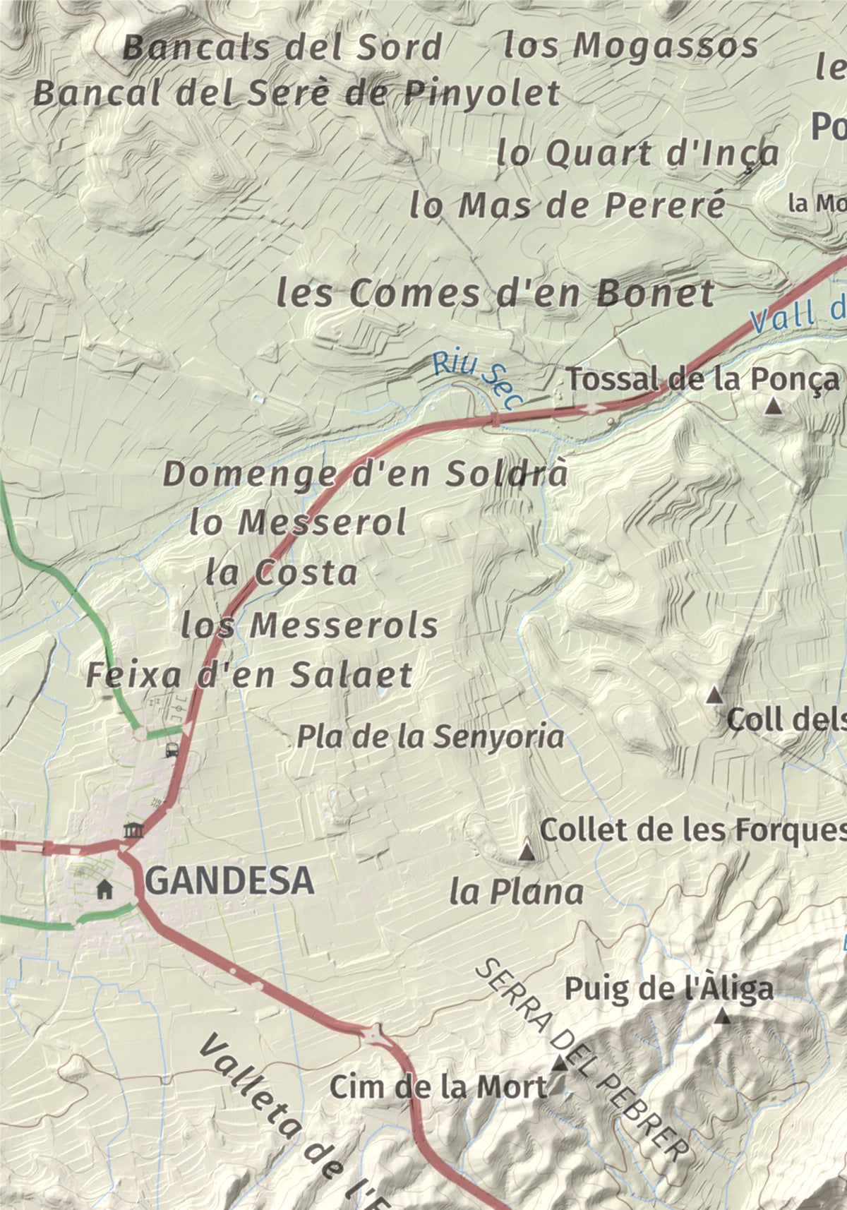 Mapa topográfico del relieve: Mola d'Irto, 538 m. Detalle de la zona superior izquierda. 21 × 30 cm.