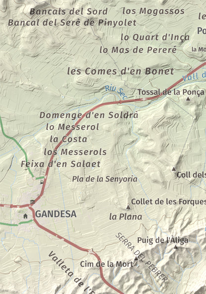 Mapa topográfico del relieve: Mola d'Irto, 538 m. Detalle de la zona superior izquierda. 21 × 30 cm.