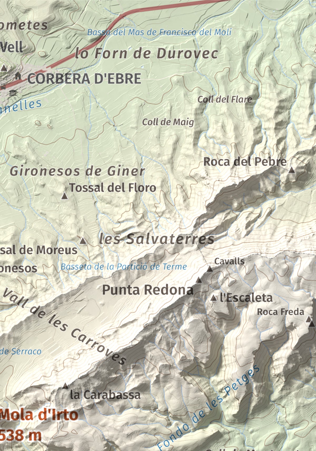 Mapa topográfico del relieve: Mola d'Irto, 538 m. Detalle de la zona superior derecha. 21 × 30 cm.