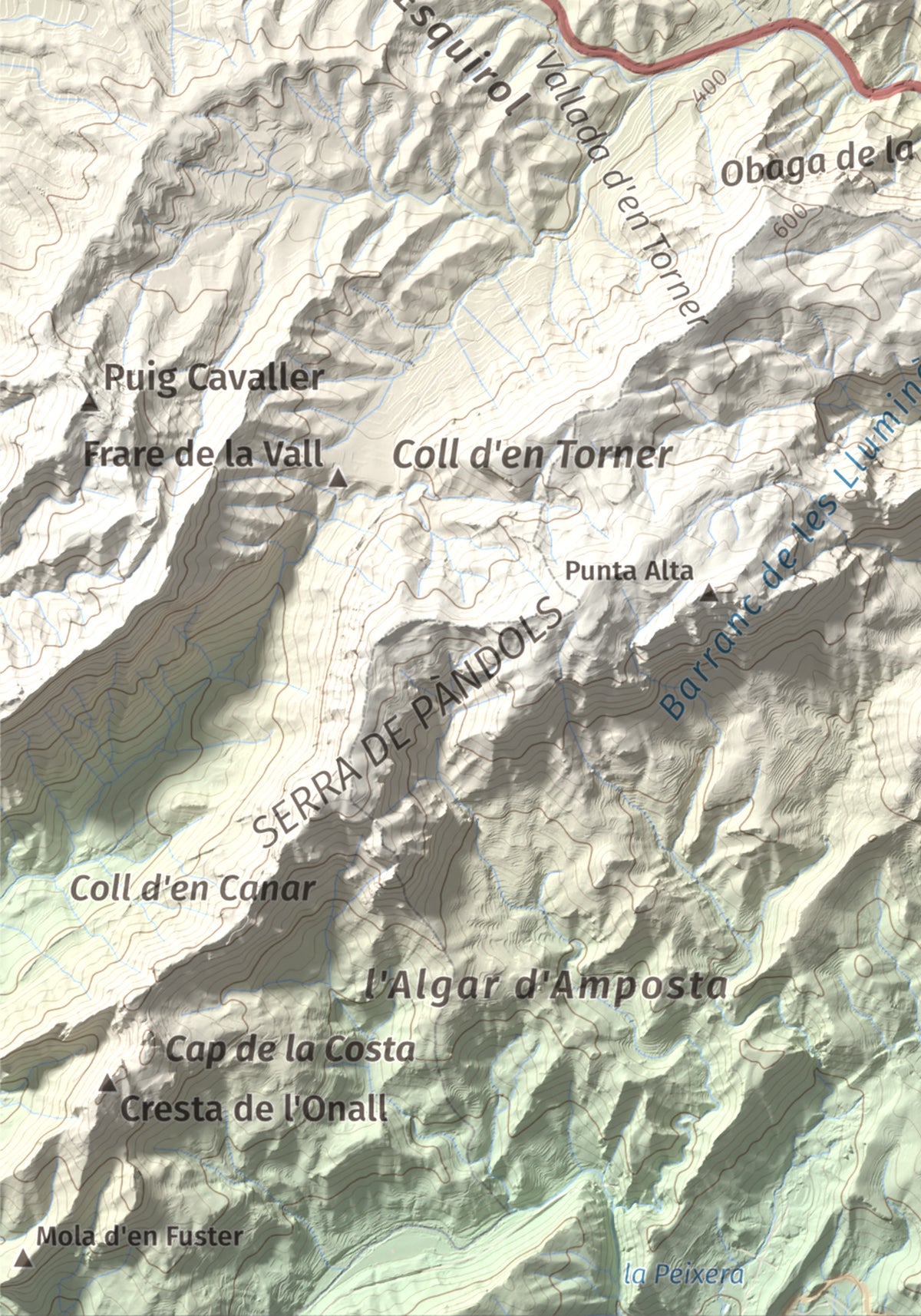 Mapa topográfico del relieve: Mola d'Irto, 538 m. Detalle de la zona inferior izquierda. 21 × 30 cm.