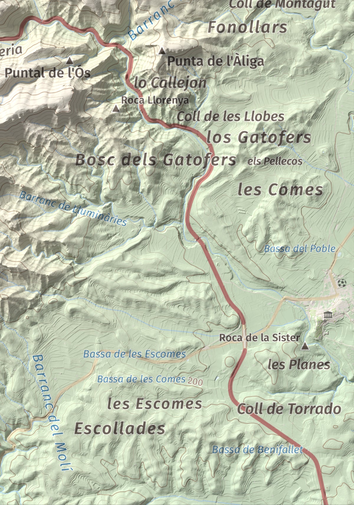 Mapa topográfico del relieve: Mola d'Irto, 538 m. Detalle de la zona inferior derecha. 21 × 30 cm.