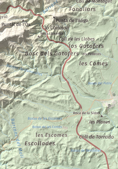 Mapa topográfico del relieve: Mola d'Irto, 538 m. Detalle de la zona inferior derecha. 21 × 30 cm.
