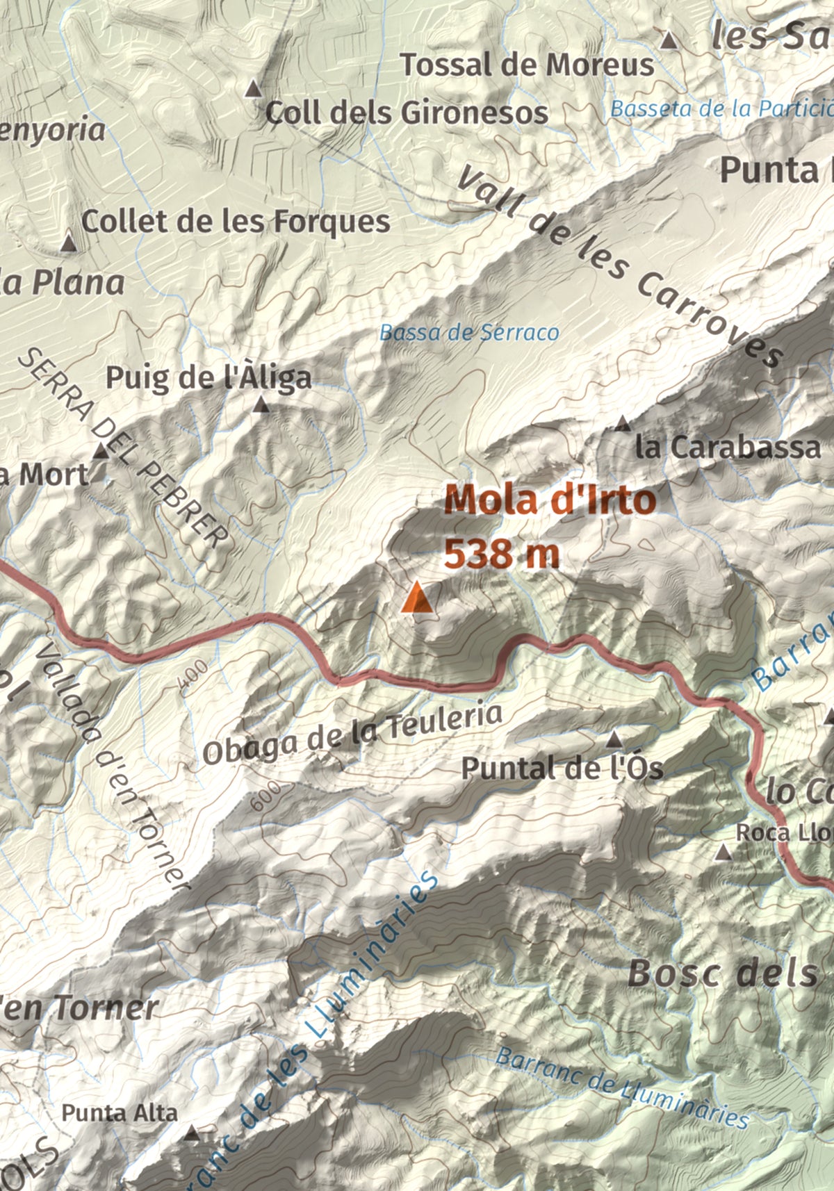 Mapa topográfico del relieve: Mola d'Irto, 538 m. Detalle de la zona central. 21 × 30 cm.