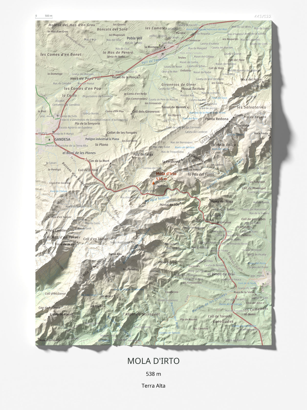 Mapa topográfico del relieve: Mola d'Irto, 538 m. Lámina completa. 30 × 40 cm.