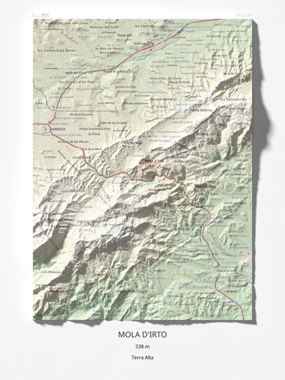 Mapa topográfico del relieve: Mola d'Irto, 538 m. Lámina completa. 30 × 40 cm.
