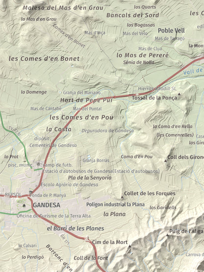 Mapa topográfico del relieve: Mola d'Irto, 538 m. Detalle de la zona superior izquierda. 30 × 40 cm.