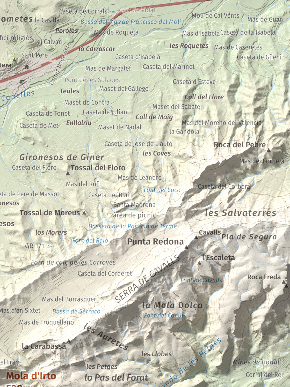 Mapa topográfico del relieve: Mola d'Irto, 538 m. Detalle de la zona superior derecha. 30 × 40 cm.