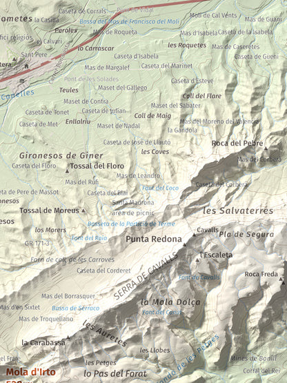 Mapa topográfico del relieve: Mola d'Irto, 538 m. Detalle de la zona superior derecha. 30 × 40 cm.