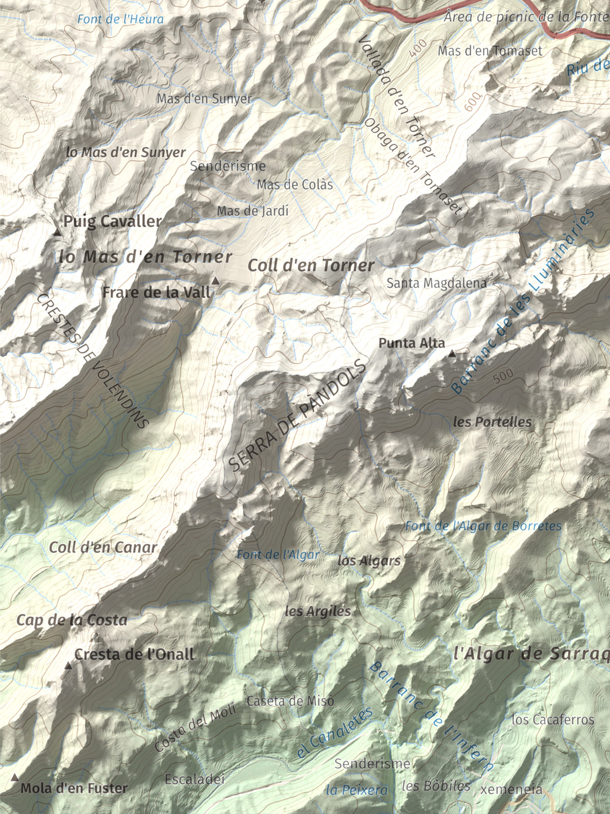 Mapa topográfico del relieve: Mola d'Irto, 538 m. Detalle de la zona inferior izquierda. 30 × 40 cm.