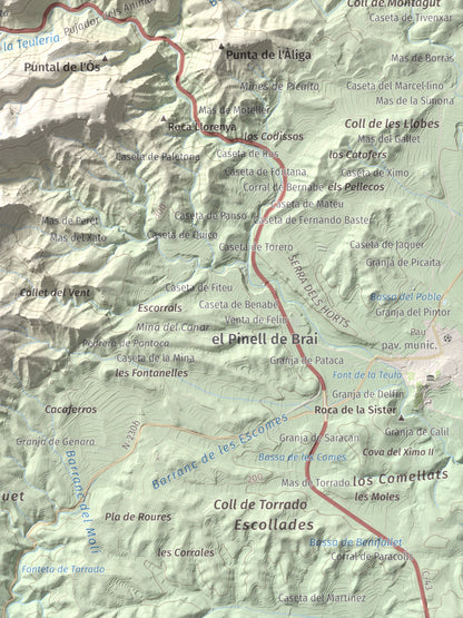 Mapa topográfico del relieve: Mola d'Irto, 538 m. Detalle de la zona inferior derecha. 30 × 40 cm.
