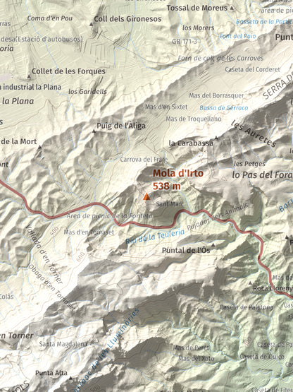 Mapa topográfico del relieve: Mola d'Irto, 538 m. Detalle de la zona central. 30 × 40 cm.