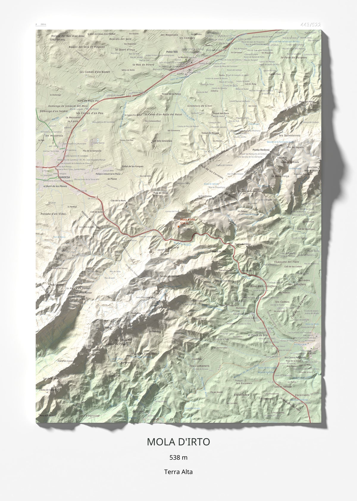 Mapa topográfico del relieve: Mola d'Irto, 538 m. Lámina completa. 50 × 70 cm.