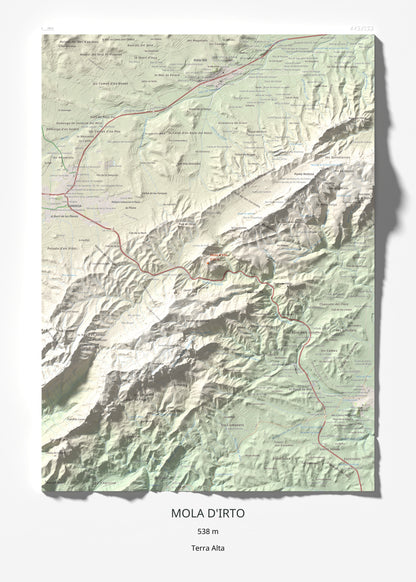 Mapa topográfico del relieve: Mola d'Irto, 538 m. Lámina completa. 50 × 70 cm.