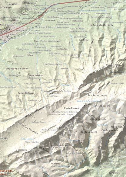 Mapa topográfico del relieve: Mola d'Irto, 538 m. Detalle de la zona superior derecha. 50 × 70 cm.
