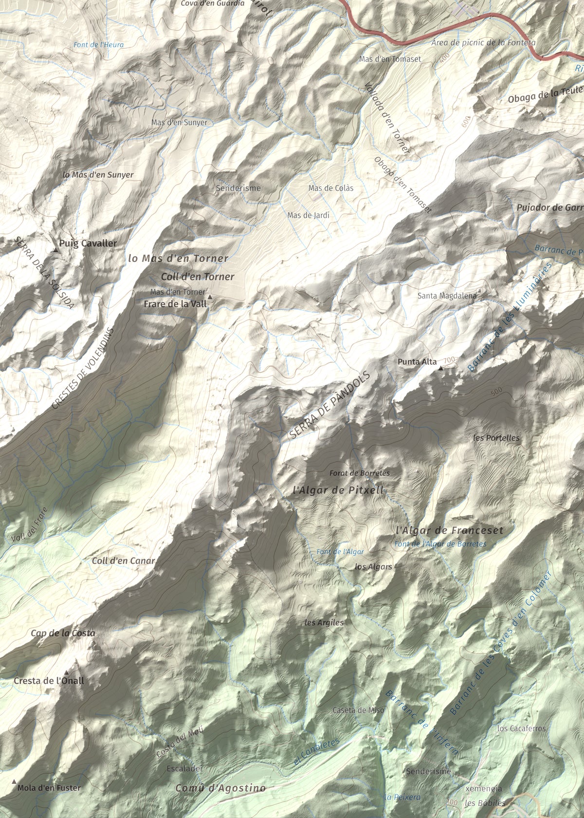 Mapa topográfico del relieve: Mola d'Irto, 538 m. Detalle de la zona inferior izquierda. 50 × 70 cm.
