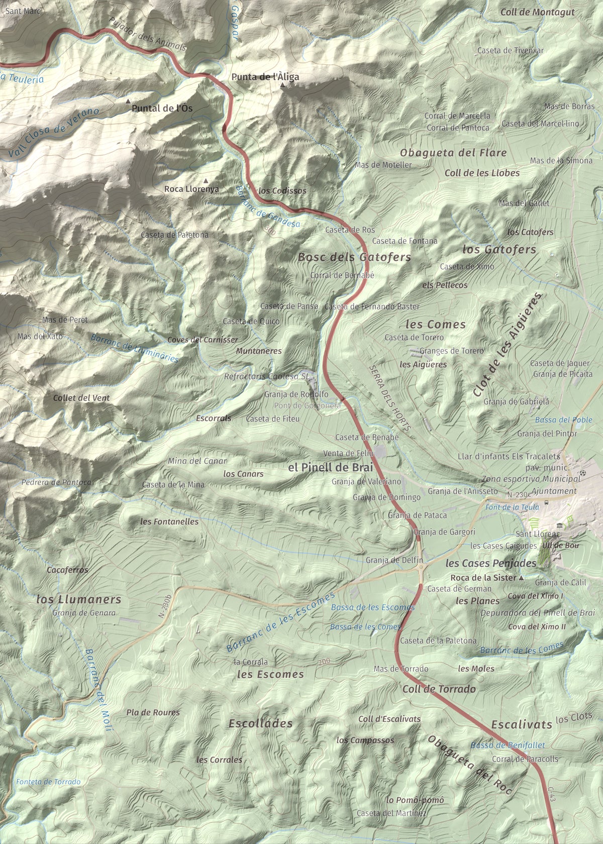 Mapa topográfico del relieve: Mola d'Irto, 538 m. Detalle de la zona inferior derecha. 50 × 70 cm.