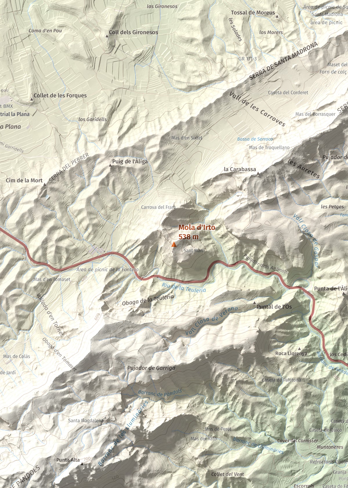 Mapa topográfico del relieve: Mola d'Irto, 538 m. Detalle de la zona central. 50 × 70 cm.
