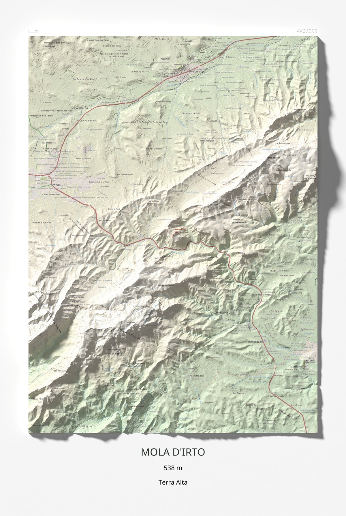Mapa topográfico del relieve: Mola d'Irto, 538 m. Lámina completa. 61 × 91 cm.
