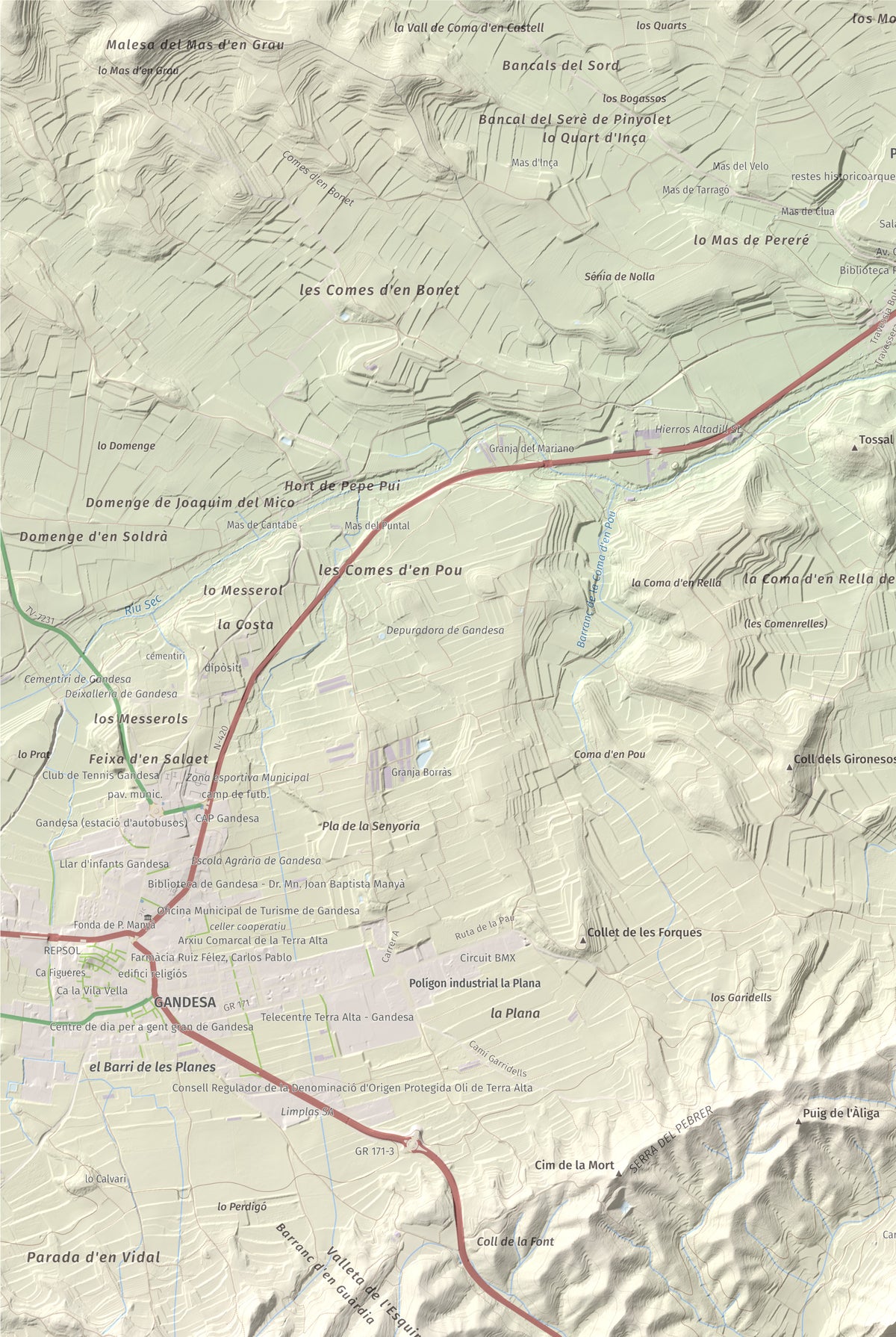 Mapa topográfico del relieve: Mola d'Irto, 538 m. Detalle de la zona superior izquierda. 61 × 91 cm.